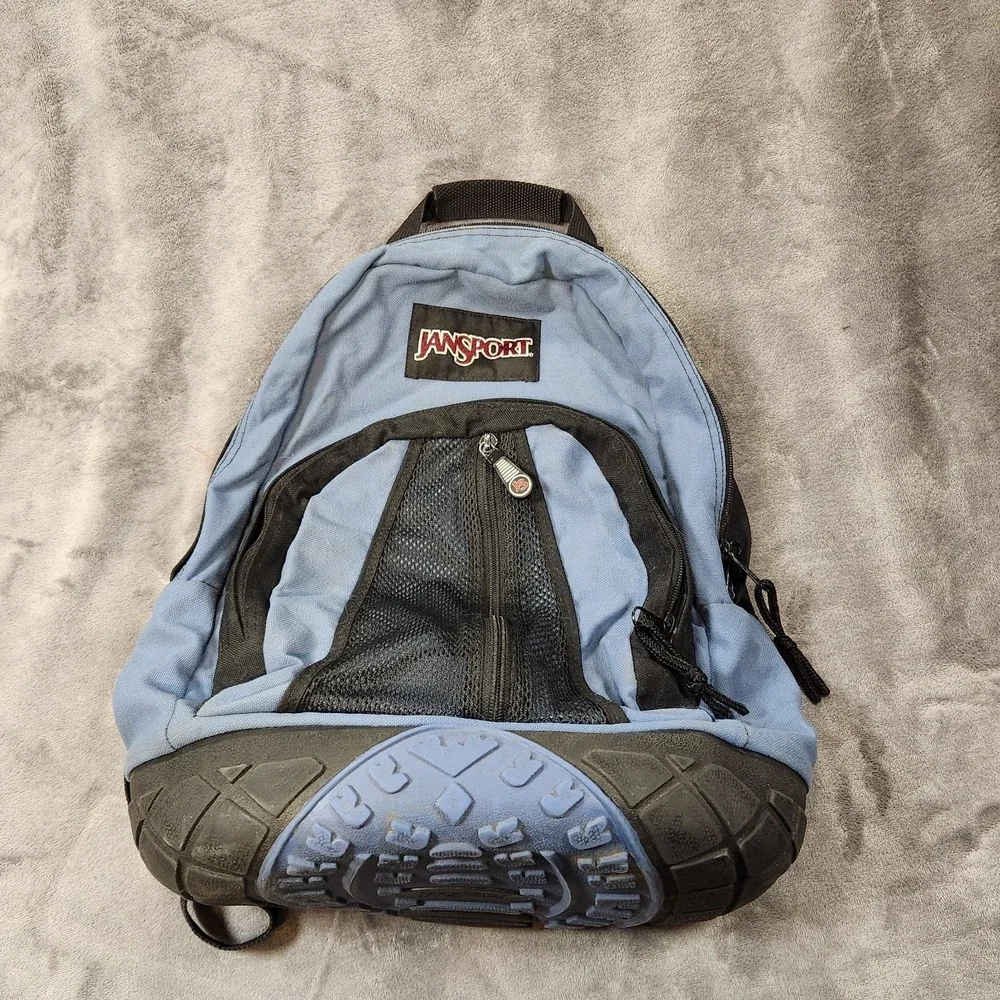 Jansport Backpack Thick Rubber Tire Bottom Blue Bookbag Vintage 90s Y2K
